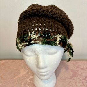 Handcrafted crochet slouchy beanie hat in camouflage color.